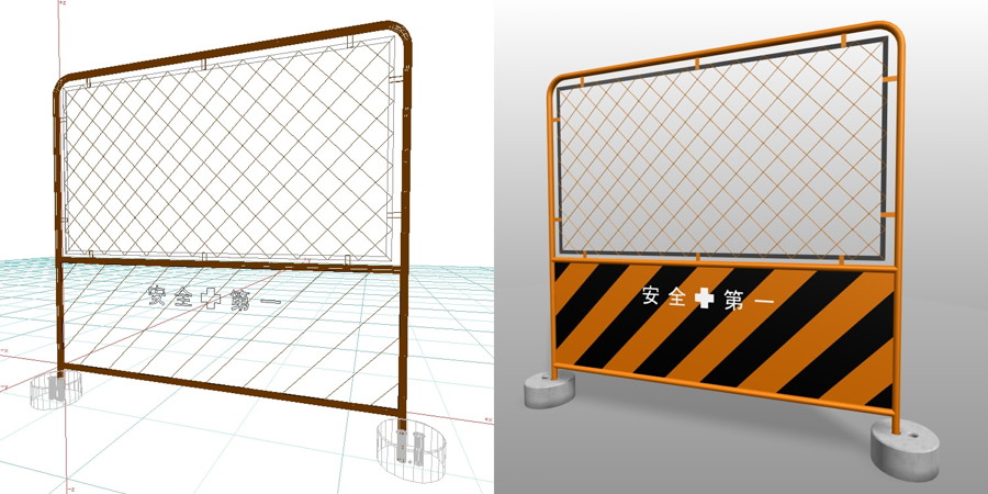ガードフェンス トラ 金網 コンクリート石付きの3DCADデータ丨建設工事 仮設材 ガードフェンス丨無料 商用可能 フリー素材 フリーデータ丨データ形式はformZ v3.95以上です｜【無料・商用可】3D CADデータ フリーダウンロードサイト