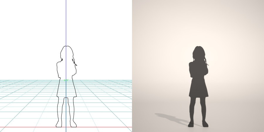 フリー素材 formZ 3D silhouette 子供 child 少女 girl 腕組み スカート skirt 腕を組んで立つ女の子のシルエット