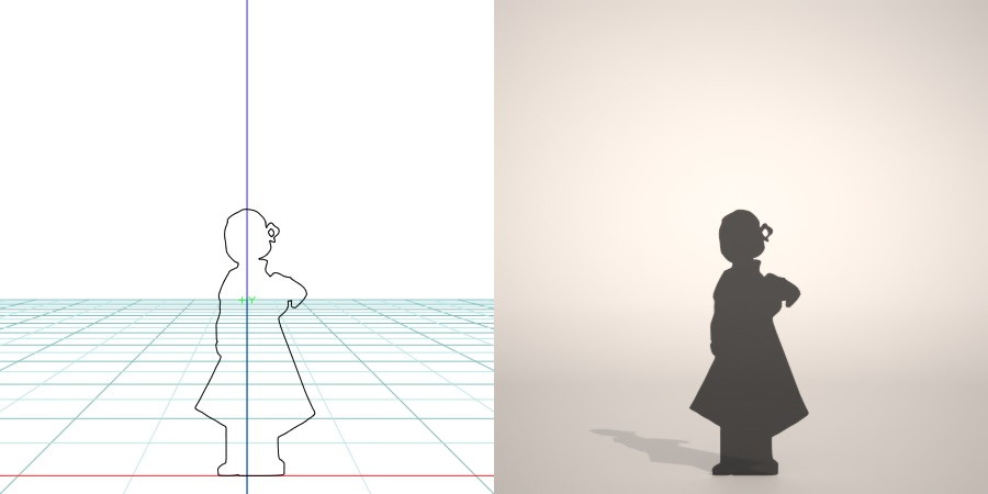 フリー素材 formZ 3D silhouette 子供 child 少女 girl 振り袖 和服 七五三 着物姿の女の子のシルエット