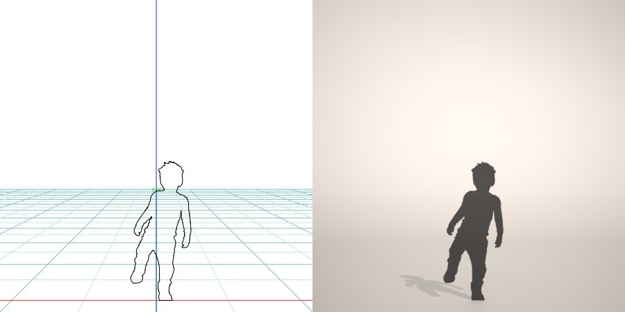 フリー素材 formZ 3D silhouette 子供 child 少年 boy 片足を上げて立つ男の子のシルエット