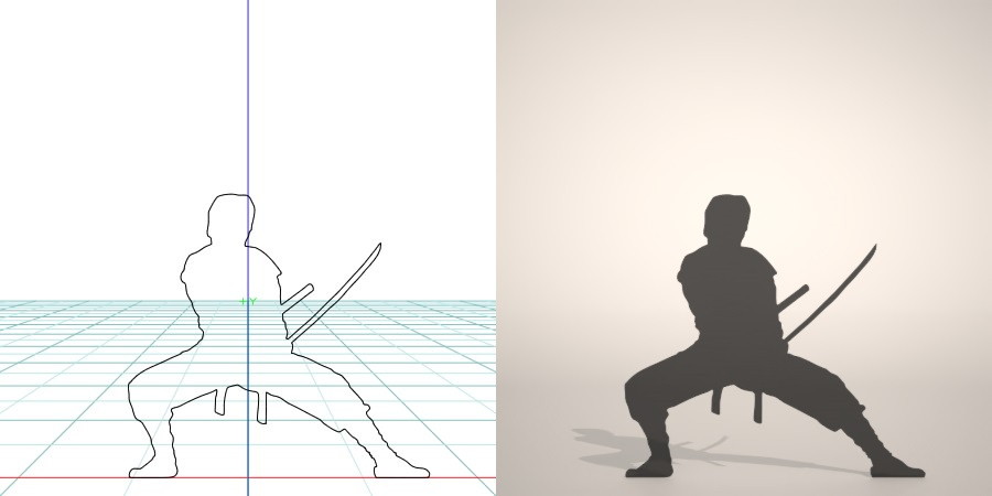 フリー素材 formZ 3D silhouette man ninja 日本刀を構える忍者のシルエット