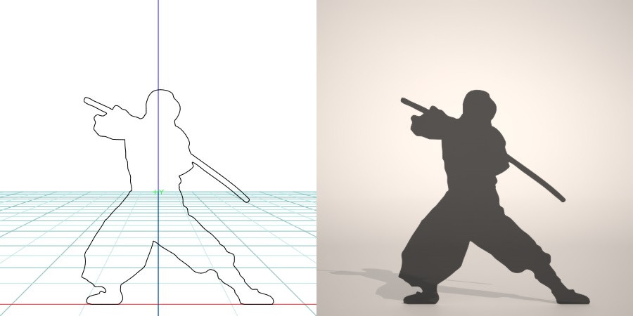 フリー素材 formZ 3D silhouette man ninja 鞘に入った日本刀を構える忍者のシルエット｜【無料・商用可】3D CADデータ フリーダウンロードサイト丨digital-architex.com