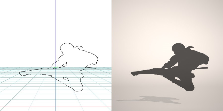 フリー素材 formZ 3D silhouette man ninja 跳び蹴りをする忍者のシルエット