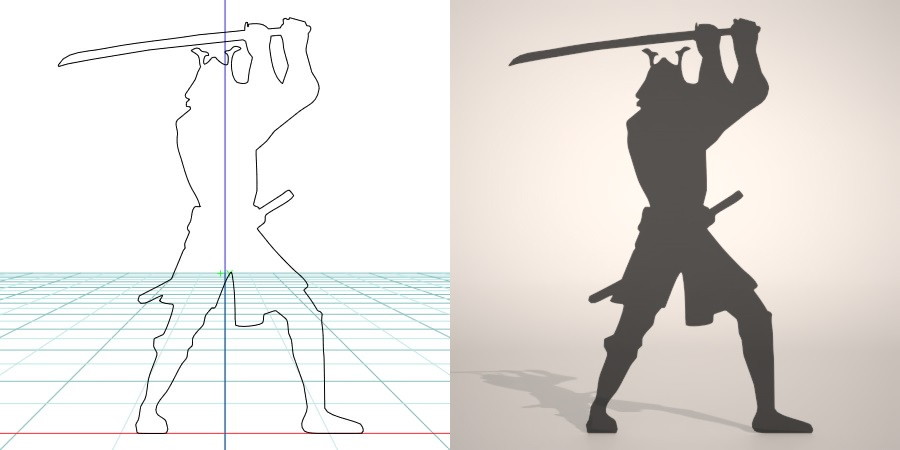 フリー素材 formZ 3D silhouette man 侍 士 さむらい samurai 武士 日本刀を構える甲冑を着たサムライのシルエット