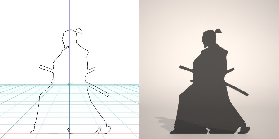 フリー素材 formZ 3D silhouette man 侍 士 さむらい samurai 武士 日本刀 サムライの居合の構えのシルエット