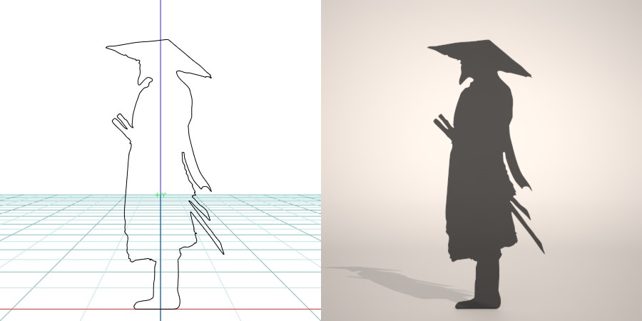 フリー素材 formZ 3D silhouette man 侍 士 さむらい samurai 武士 日本刀 菅笠 すげ傘をかぶった浪人のシルエット