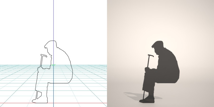 フリー素材 formZ 3D silhouette 男性 man 座る 杖を手に持って腰かける老人のシルエット｜【無料・商用可】3D CADデータ フリーダウンロードサイト丨digital-architex.com