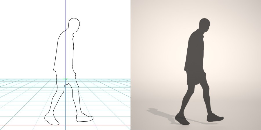 フリー素材 formZ 3D silhouette man ハーフパンツ shorts 短パンを穿いて歩く坊主頭の男性のシルエット