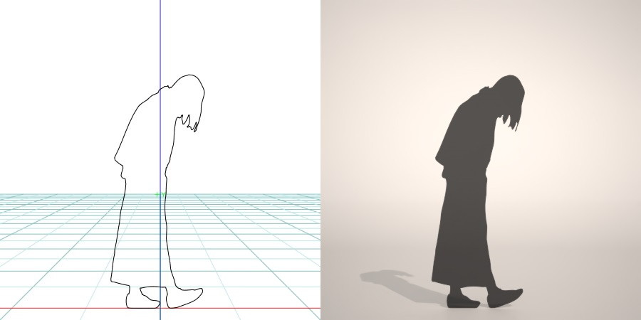 フリー素材 formZ 3D silhouette woman female lady うつむく 俯く うつむいて歩く女性のシルエット