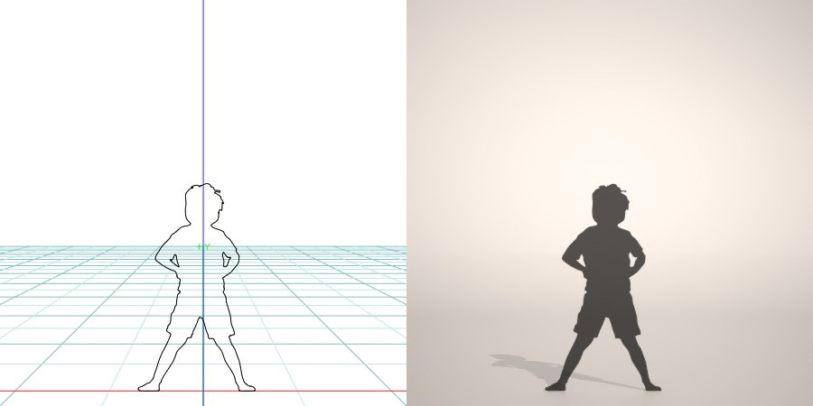 フリー素材 formZ 3D silhouette 子供 child 少年 boy 仁王立ちする男の子のシルエット