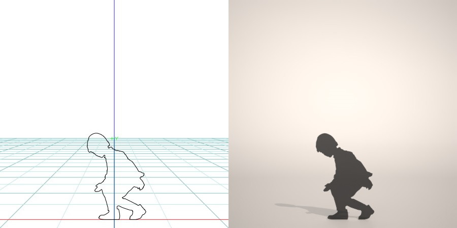 フリー素材 formZ 3D silhouette 子供 child 少年 boy 手を出してかがむ男の子のシルエット