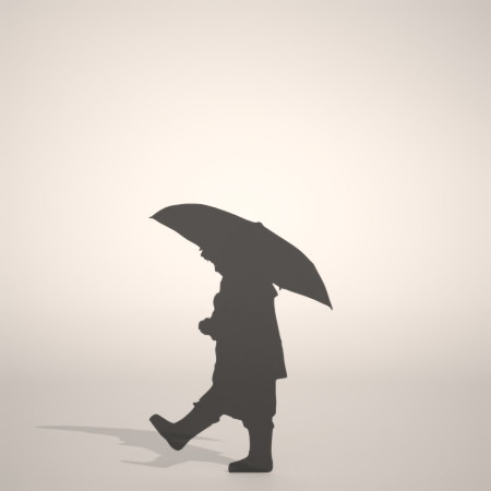 無料 商用可能 フリー素材 formZ 3D silhouette 子供 child 雨合羽 カッパ umbrella 雨具を着て傘をさす子供のシルエット