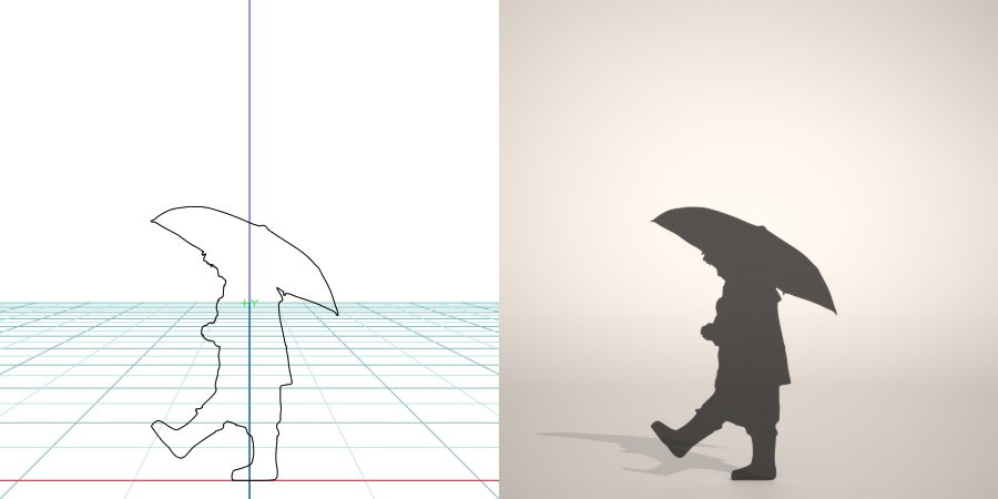 無料 商用可能 フリー素材 formZ 3D silhouette 子供 child 雨合羽 カッパ umbrella 雨具を着て傘をさす子供のシルエット｜【無料・商用可】3D CADデータ フリーダウンロードサイト丨digital-architex.com