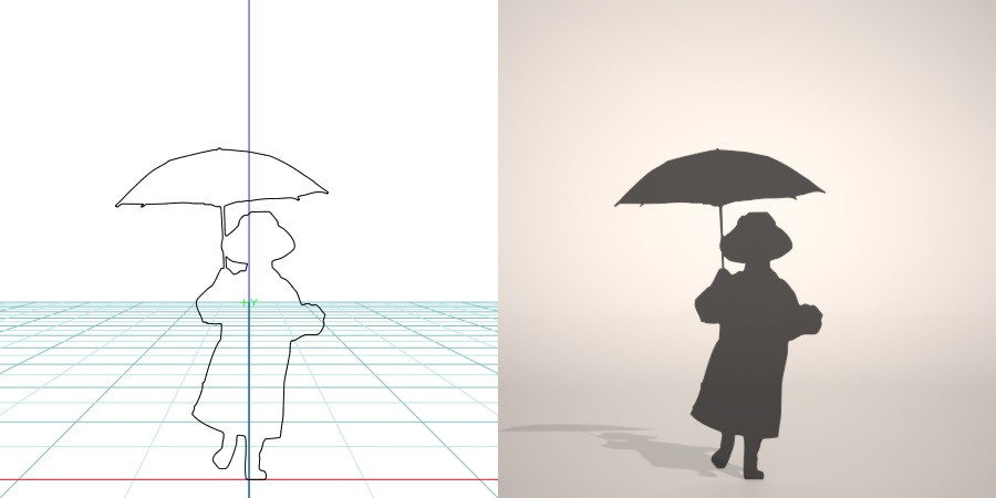 無料 商用可能 フリー素材 formZ 3D silhouette 子供 child 雨合羽 カッパ umbrella 雨具を着て傘をさす子供のシルエット