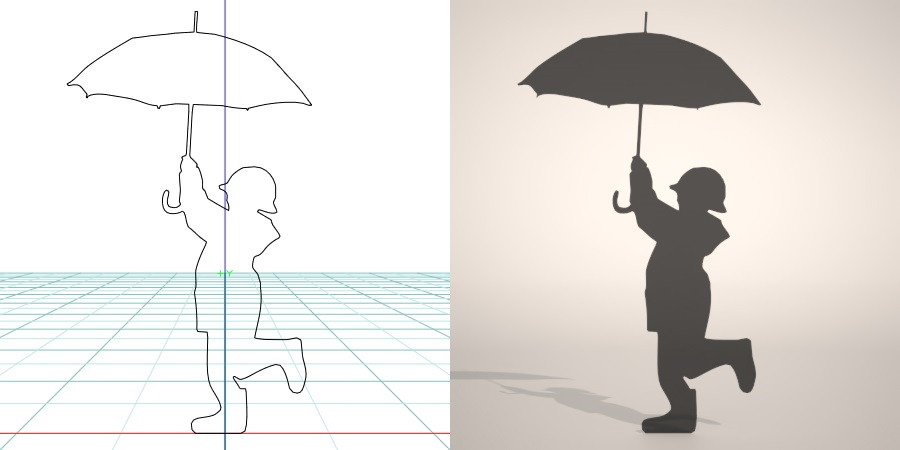 無料 商用可能 フリー素材 formZ 3D silhouette 子供 child 雨合羽 カッパ umbrella 雨具を着て傘をさす子供のシルエット