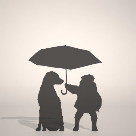 無料 商用可能 フリー素材 formZ 3D silhouette 子供 child 雨合羽 カッパ umbrella dog 犬に傘をさしてあげる子供のシルエット