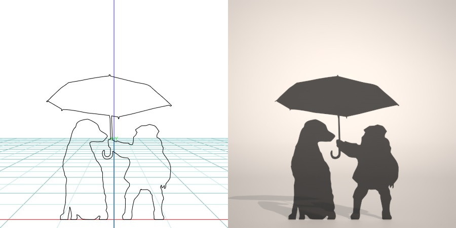 無料 商用可能 フリー素材 formZ 3D silhouette 子供 child 雨合羽 カッパ umbrella dog 犬に傘をさしてあげる子供のシルエット