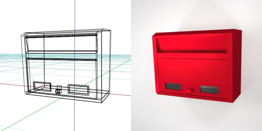 壁掛けの郵便受け（赤色）の3D素材丨エクステリア ポスト丨無料 商用可能 フリー素材 フリーデータ丨データ形式はformZ ・3ds・objファイルです