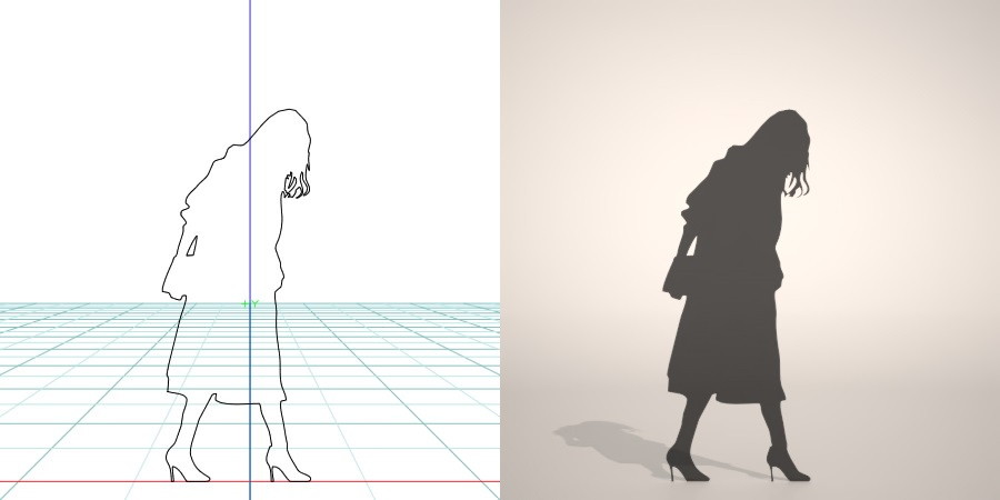 フリー素材 formZ 3D silhouette woman female lady skirt 鞄 bag カバン バッグ パンプス pumps ロングコートを着た女性のシルエット