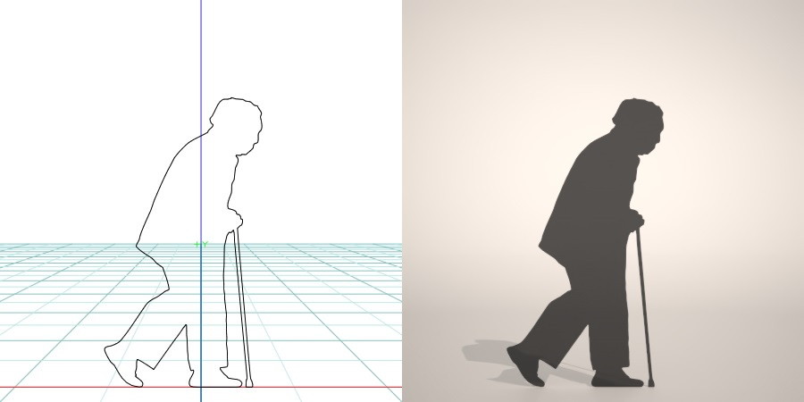 無料,商用可能,フリー素材,formZ,3D,silhouette,man,walk,杖をついて歩く老人のシルエット｜【無料・商用可】3D CADデータ フリーダウンロードサイト丨digital-architex.com