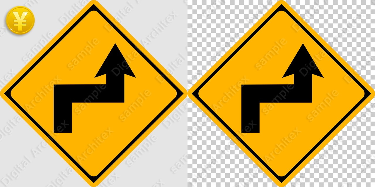 2D,illustration,JPEG,png,traffic signs,マーク,道路標識,切り抜き画像,右背向屈折ありの交通標識のイラスト,警戒標識,矢印