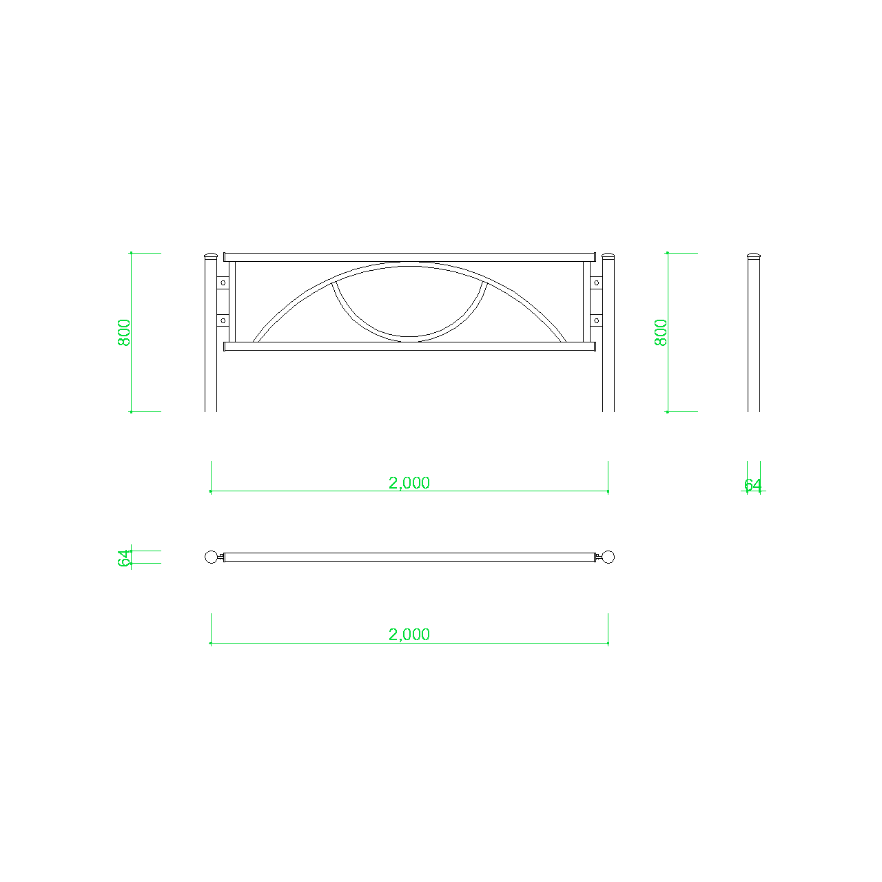 ガードパイプ(2m)の2DCAD部品,無料,商用可能,フリー素材,フリーデータ,AUTOCAD,DWG,DXF,道路,road,車両用防護柵,ガードフェンス,guard pipe,fence