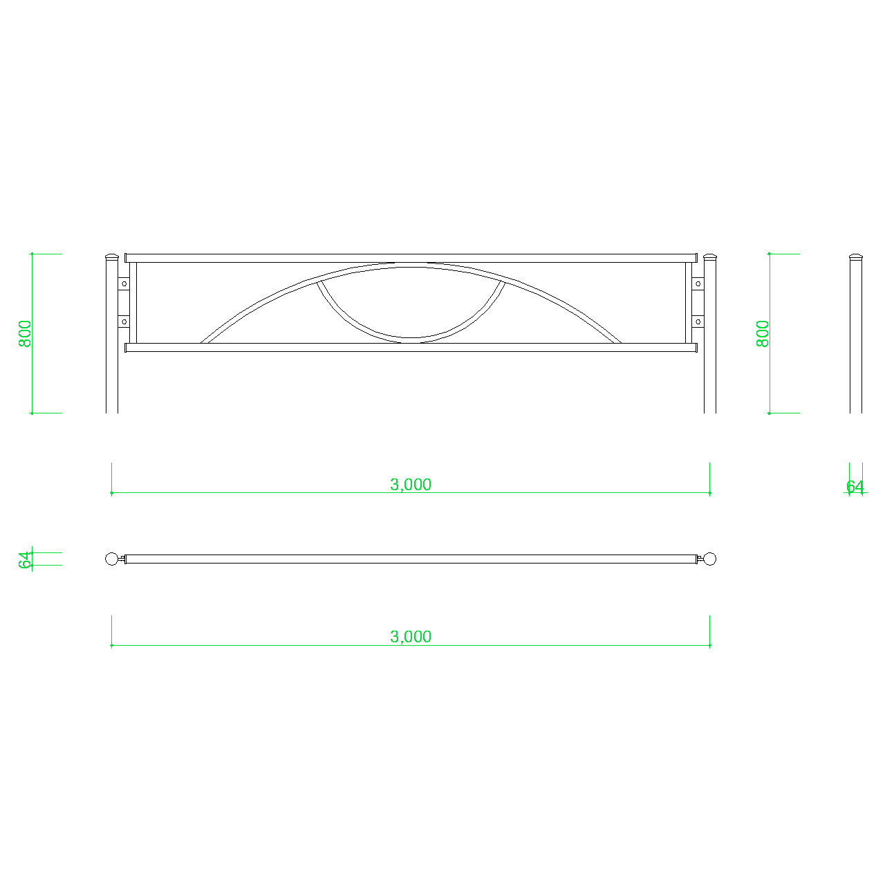 ガードパイプ(3m)の2DCAD部品,無料,商用可能,フリー素材,フリーデータ,AUTOCAD,DWG,DXF,道路,road,車両用防護柵,ガードフェンス,guard pipe,fence