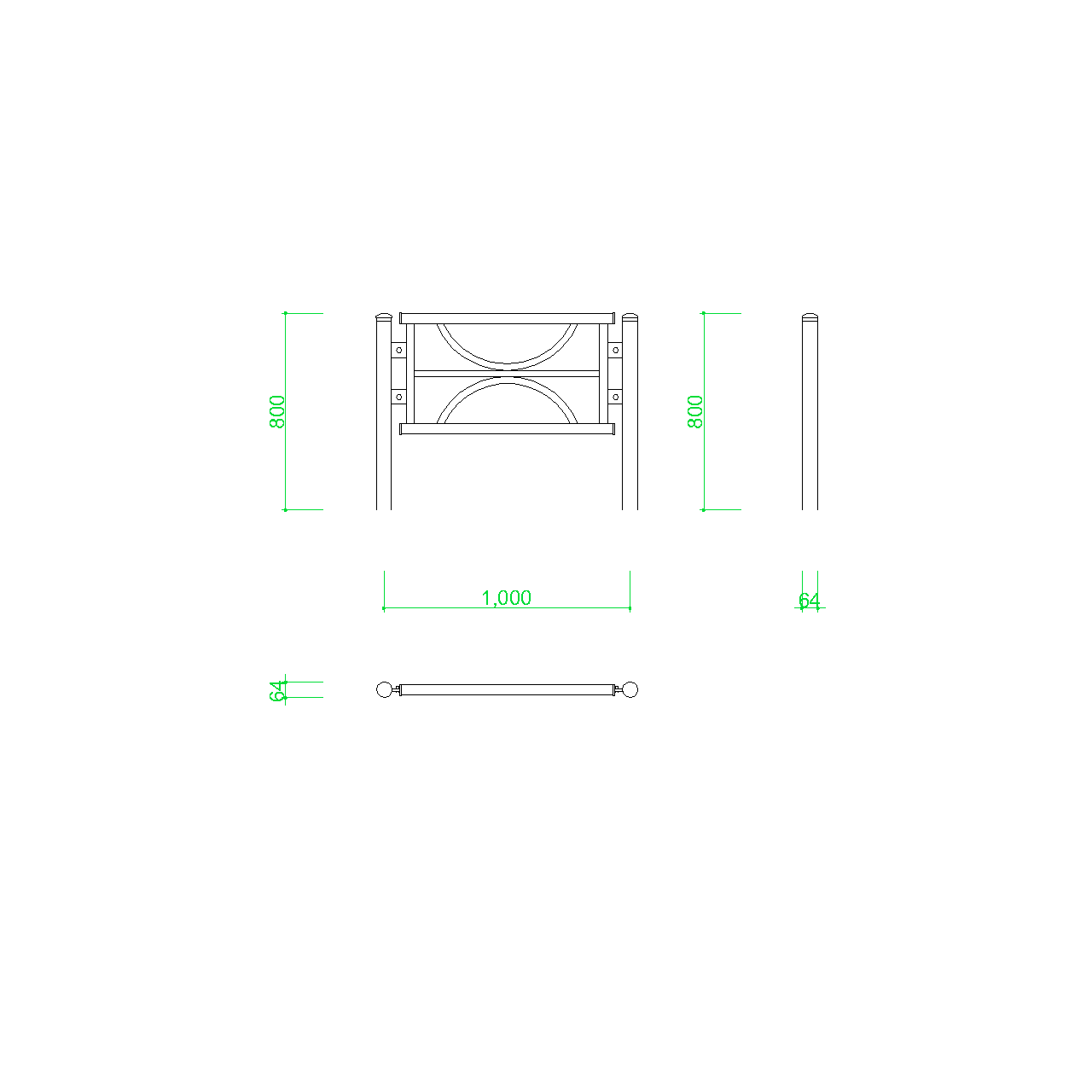 ガードパイプ(1m)の2DCAD部品,無料,商用可能,フリー素材,フリーデータ,AUTOCAD,DWG,DXF,道路,road,車両用防護柵,ガードフェンス,guard pipe,fence