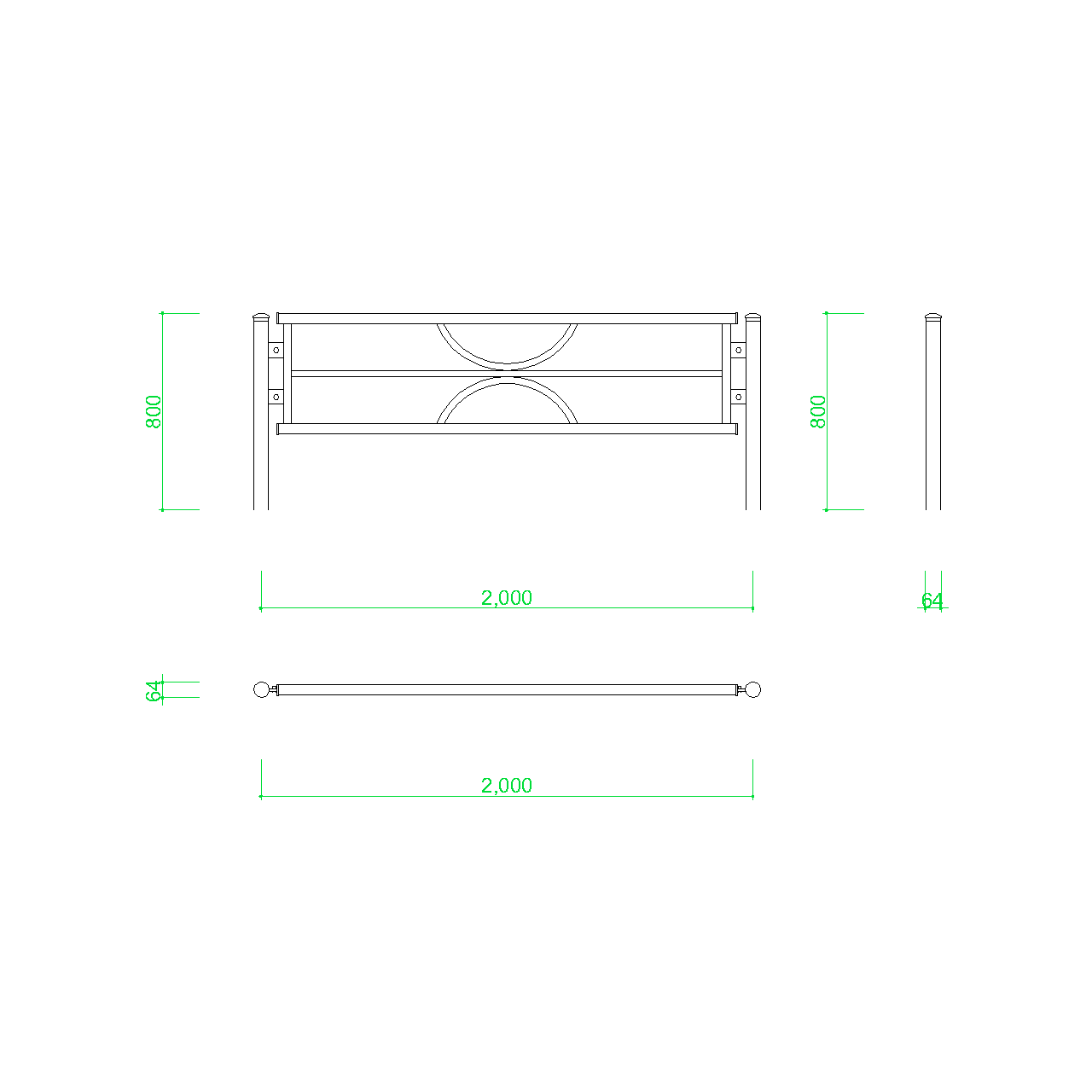 ガードパイプ(2m)の2DCAD部品,無料,商用可能,フリー素材,フリーデータ,AUTOCAD,DWG,DXF,道路,road,車両用防護柵,ガードフェンス,guard pipe,fence