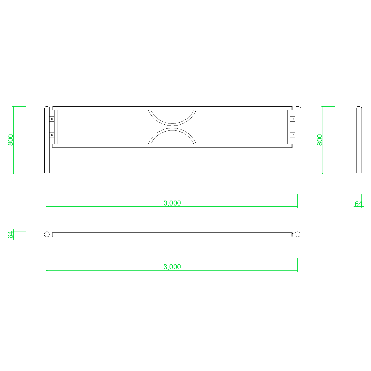 ガードパイプ(3m)の2DCAD部品,無料,商用可能,フリー素材,フリーデータ,AUTOCAD,DWG,DXF,道路,road,車両用防護柵,ガードフェンス,guard pipe,fence