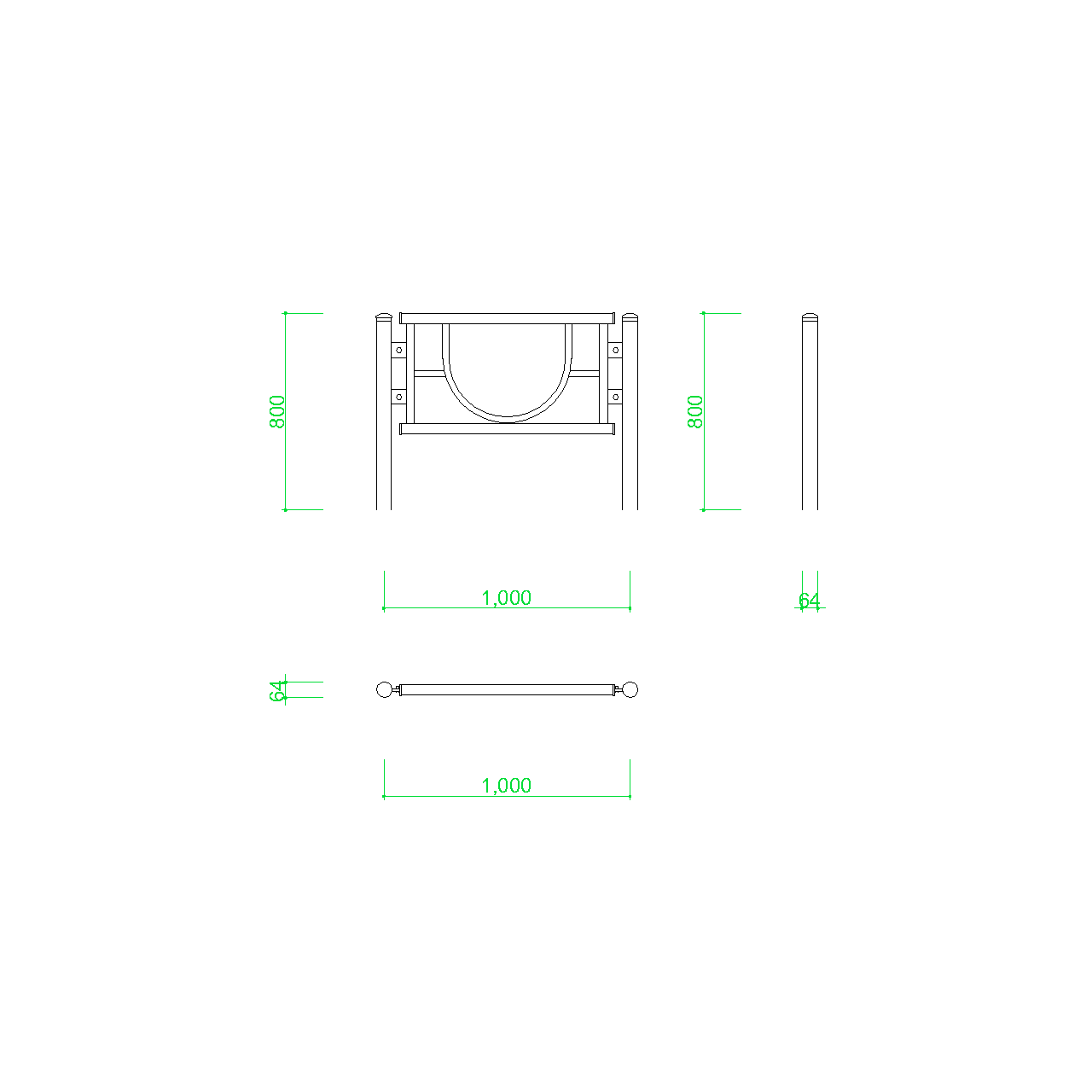 ガードパイプ(1m)の2DCAD部品,無料,商用可能,フリー素材,フリーデータ,AUTOCAD,DWG,DXF,道路,road,車両用防護柵,ガードフェンス,guard pipe,fence