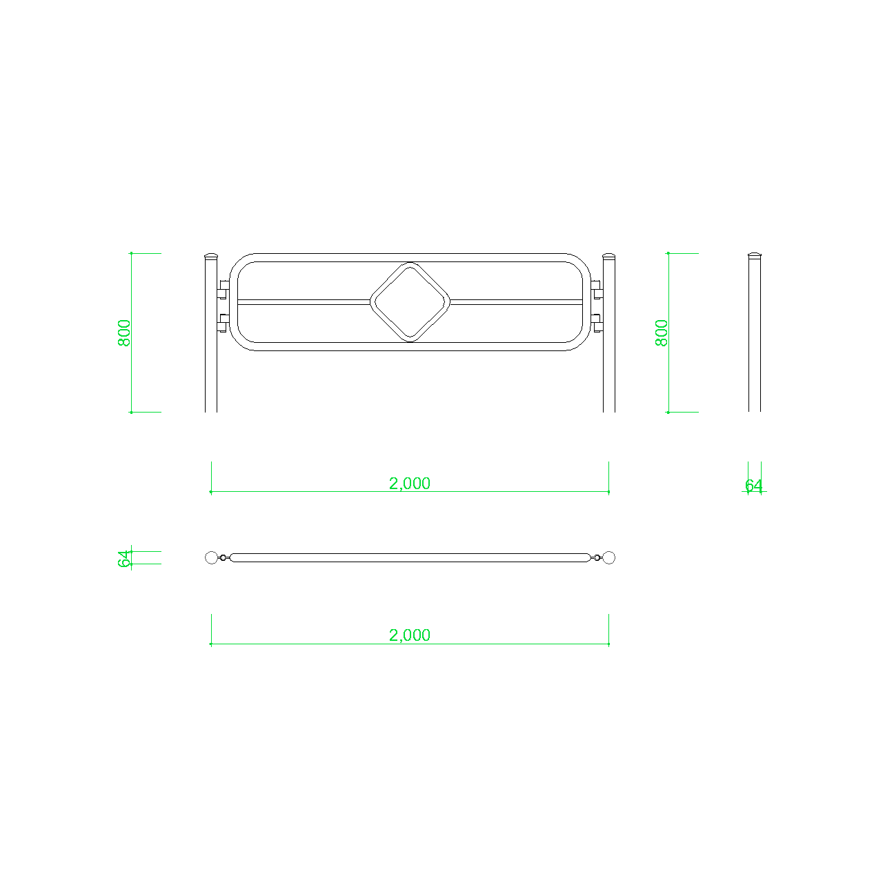 ガードパイプ(2m)の2DCAD部品,無料,商用可能,フリー素材,フリーデータ,AUTOCAD,DWG,DXF,道路,road,車両用防護柵,ガードフェンス,guard pipe,fence