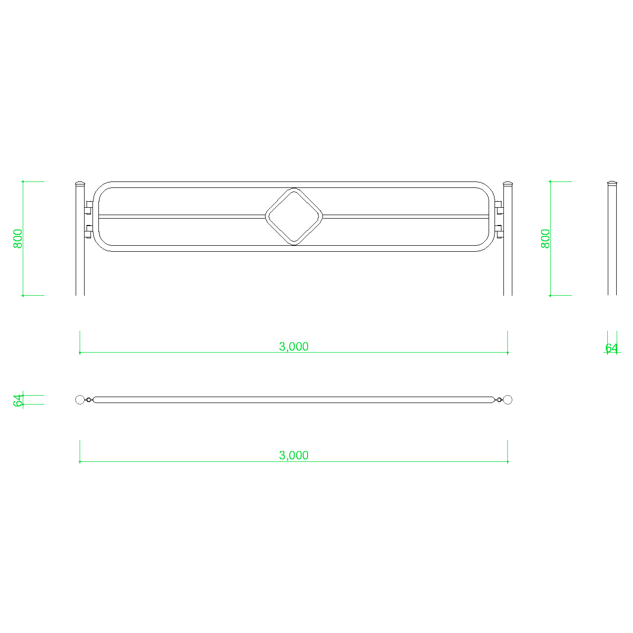 ガードパイプ(3m)の2DCAD部品,無料,商用可能,フリー素材,フリーデータ,AUTOCAD,DWG,DXF,道路,road,車両用防護柵,ガードフェンス,guard pipe,fence