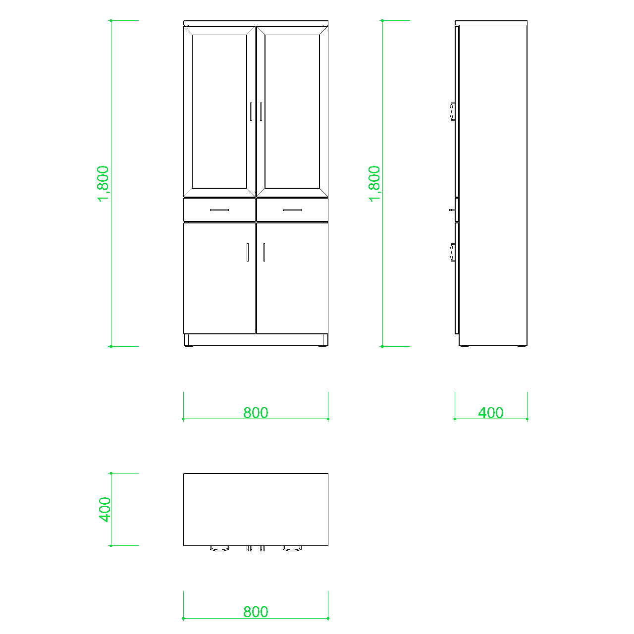 食器棚の2DCAD部品丨インテリア 家具 寸法丨無料 商用可能 フリー素材 フリーデータ AUTOCAD DWG DXF