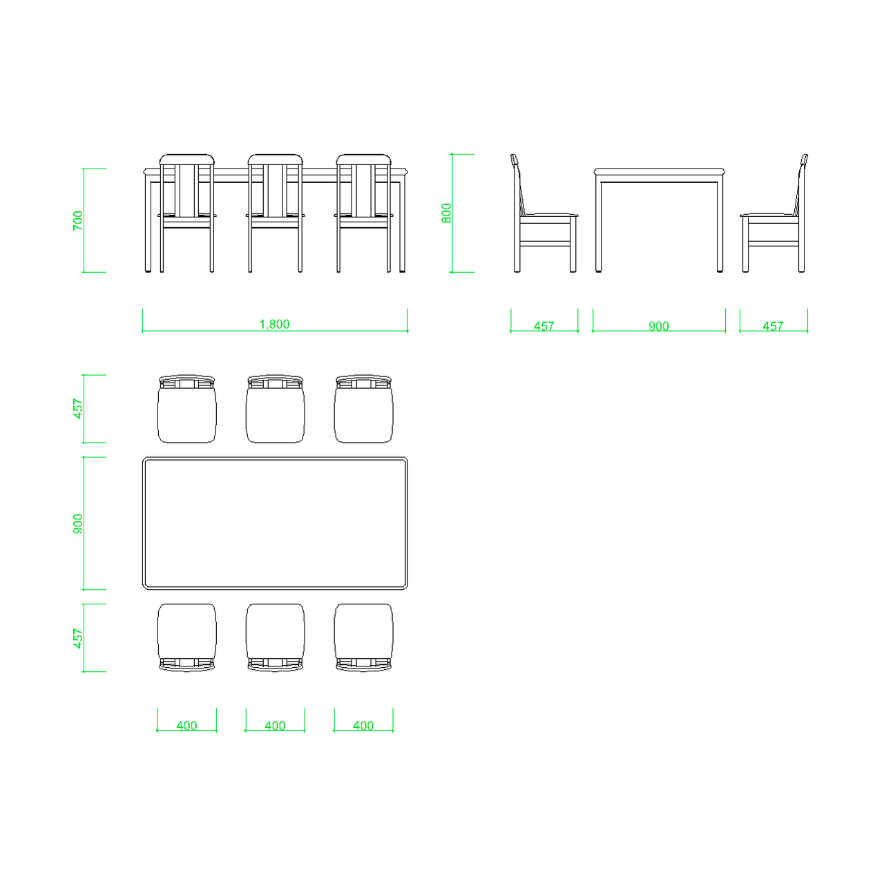 ダイニングテーブルと椅子6脚の2DCAD部品丨インテリア 家具 寸法丨無料 商用可能 フリー素材 フリーデータ AUTOCAD DWG DXF