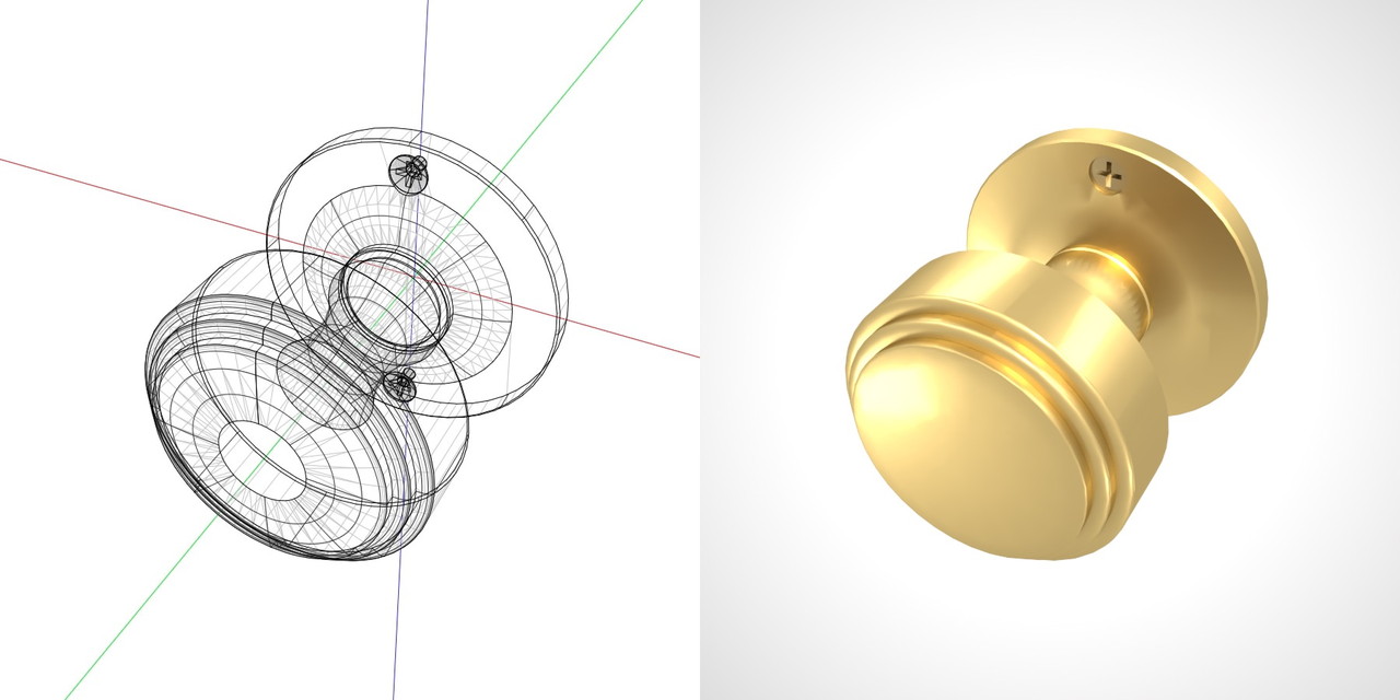 ゴールドの 室内扉のドアノブ（ビスあり）の3DCADデータ丨建築 建具金物 ドアノブ丨無料 商用可能 フリー素材 フリーデータ丨データ形式はformZ ・3ds・objファイルです