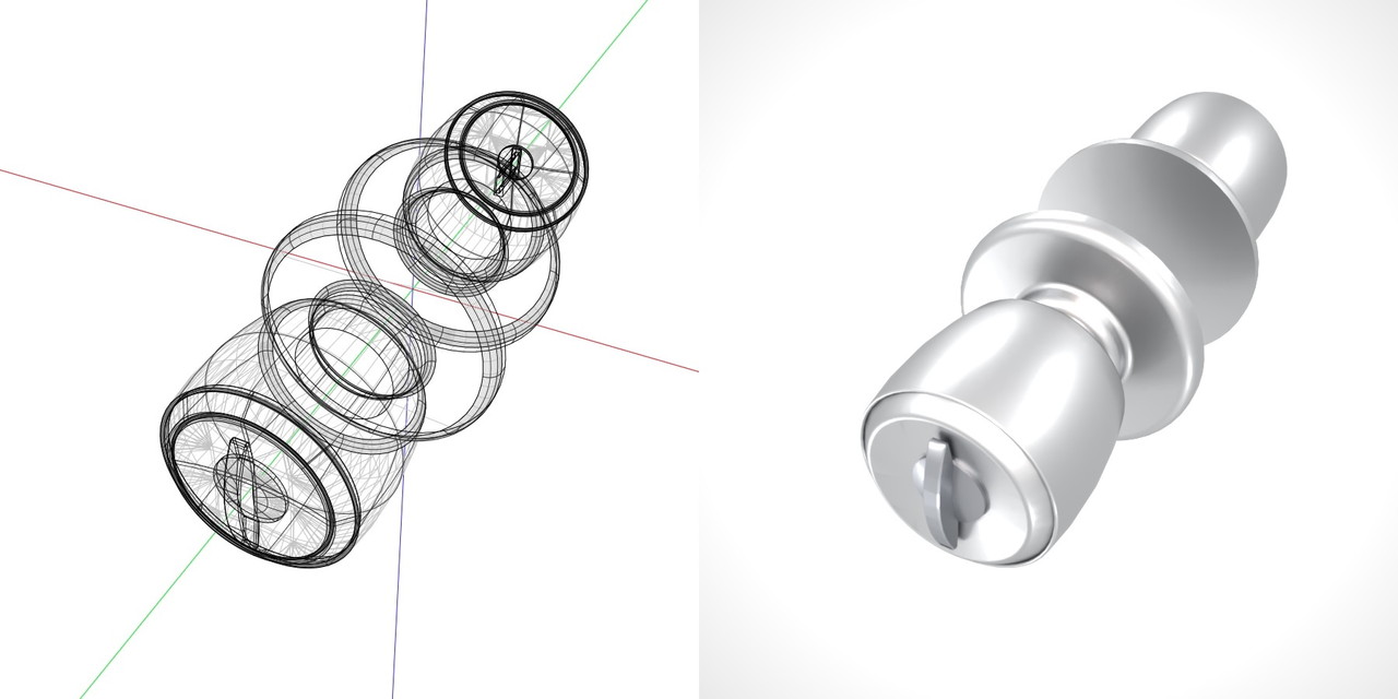 サムターンとキーシリンダーのある シルバーのドアノブの3DCADデータ丨建築 建具金物 ドアノブ丨無料 商用可能 フリー素材 フリーデータ丨データ形式はformZ ・3ds・objファイルです