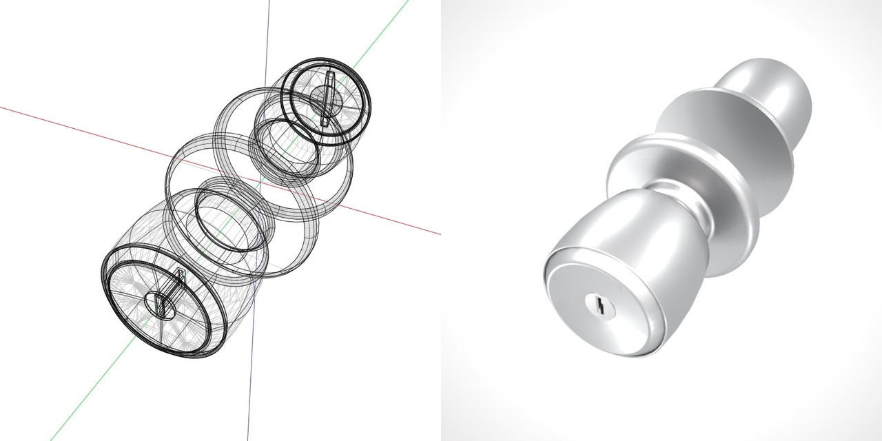 サムターンとキーシリンダーのある シルバーのドアノブの3DCADデータ丨建築 建具金物 ドアノブ丨無料 商用可能 フリー素材 フリーデータ丨データ形式はformZ ・3ds・objファイルです