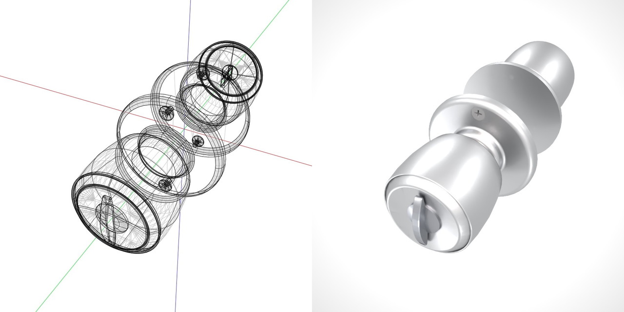 サムターンとキーシリンダーのある シルバーの 室内扉のドアノブ（ビスあり）の3DCADデータ丨建築 建具金物 ドアノブ丨無料 商用可能 フリー素材 フリーデータ丨データ形式はformZ ・3ds・objファイルです