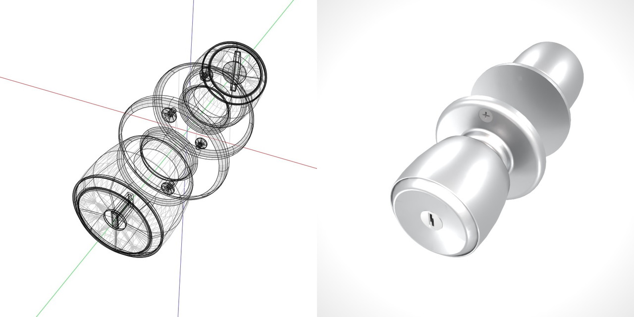 サムターンとキーシリンダーのある シルバーの 室内扉のドアノブ（ビスあり）の3DCADデータ丨建築 建具金物 ドアノブ丨無料 商用可能 フリー素材 フリーデータ丨データ形式はformZ ・3ds・objファイルです