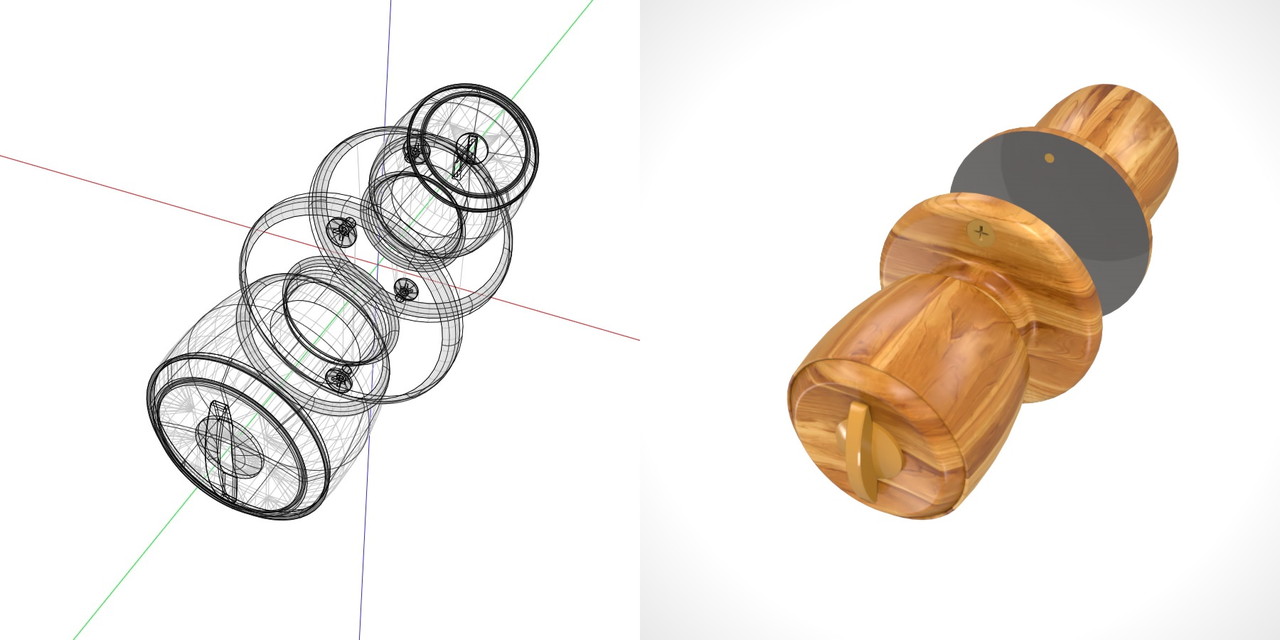 サムターンとキーシリンダーのある 木目の入った室内扉のドアノブ（ビスあり）の3DCADデータ丨建築 建具金物 ドアノブ丨無料 商用可能 フリー素材 フリーデータ丨データ形式はformZ ・3ds・objファイルです