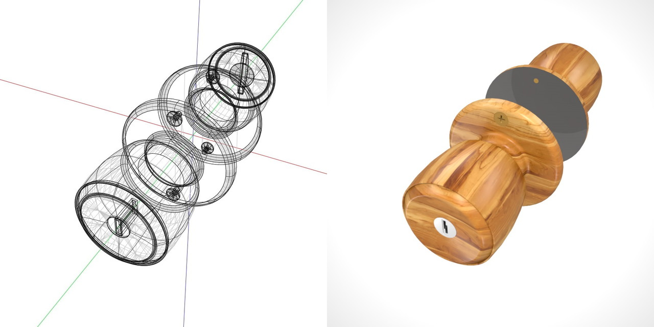 サムターンとキーシリンダーのある 木目の入った室内扉のドアノブ（ビスあり）の3DCADデータ丨建築 建具金物 ドアノブ丨無料 商用可能 フリー素材 フリーデータ丨データ形式はformZ ・3ds・objファイルです