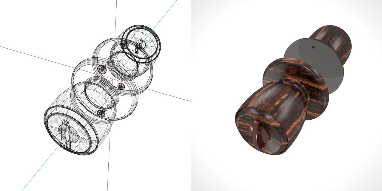 サムターンとキーシリンダーのある 濃い茶色の木目の入った室内扉のドアノブ（ビスあり）の3DCADデータ丨建築 建具金物 ドアノブ丨無料 商用可能 フリー素材 フリーデータ丨データ形式はformZ ・3ds・objファイルです