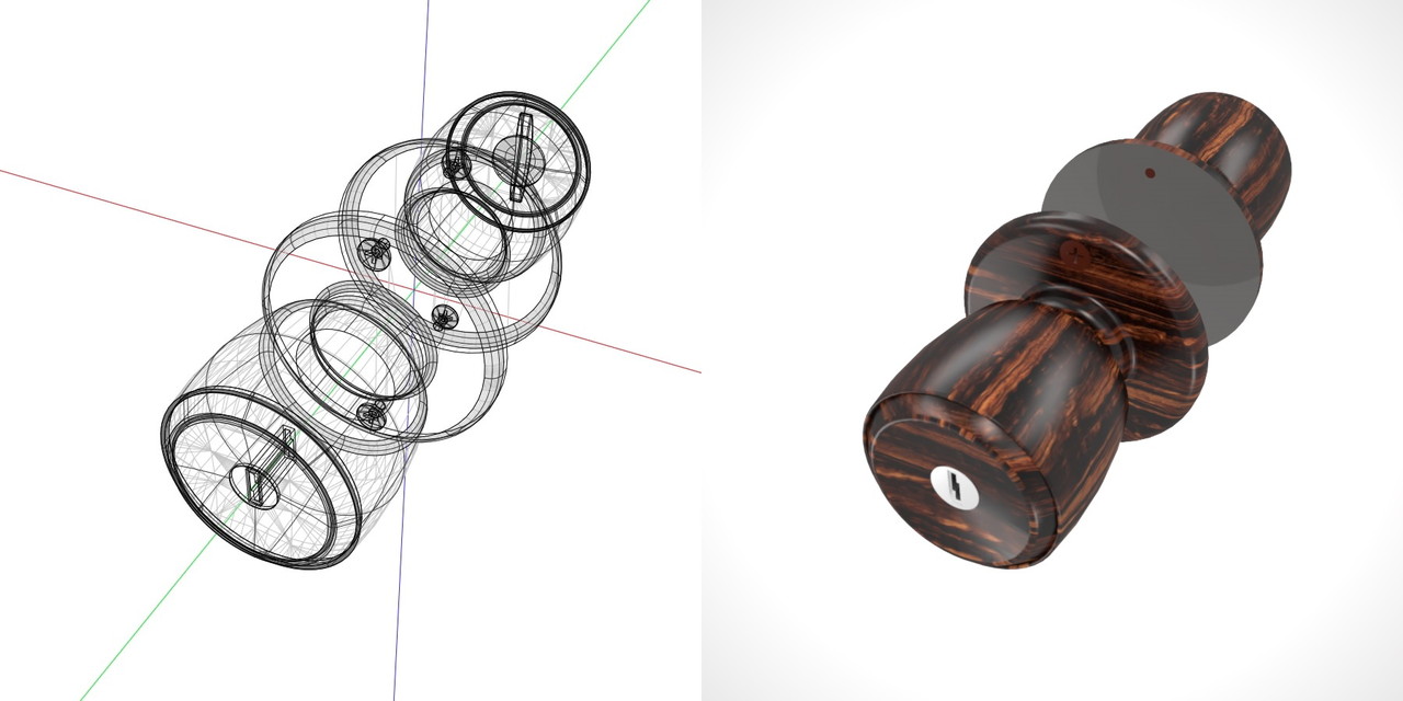 サムターンとキーシリンダーのある 濃い茶色の木目の入った室内扉のドアノブ（ビスあり）の3DCADデータ丨建築 建具金物 ドアノブ丨無料 商用可能 フリー素材 フリーデータ丨データ形式はformZ ・3ds・objファイルです