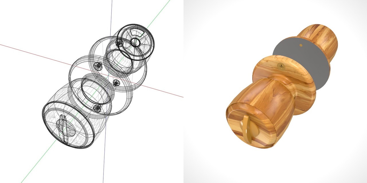 木目の入った 室内トイレのドアノブ（ビスあり）の3DCADデータ丨建築 建具金物 ドアノブ丨無料 商用可能 フリー素材 フリーデータ丨データ形式はformZ ・3ds・objファイルです