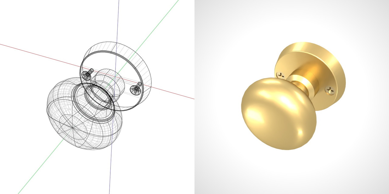 ゴールドの 室内扉のドアノブ（ビスあり）の3DCADデータ丨建築 建具金物 ドアノブ丨無料 商用可能 フリー素材 フリーデータ丨データ形式はformZ ・3ds・objファイルです