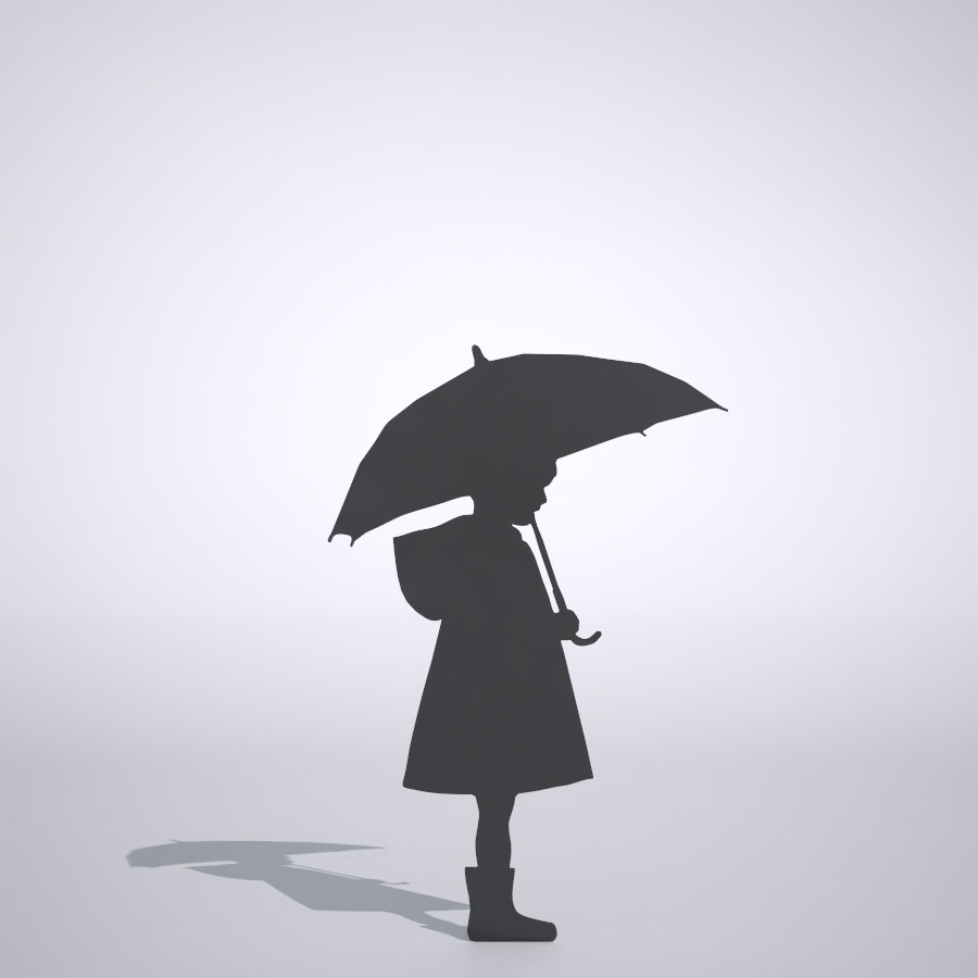 雨具を着て傘をさして待っている女の子の3DCAD素材丨シルエット 人間 子供丨無料 商用可能 フリー素材 フリーデータ丨データ形式はformZ ・3ds・objファイルです