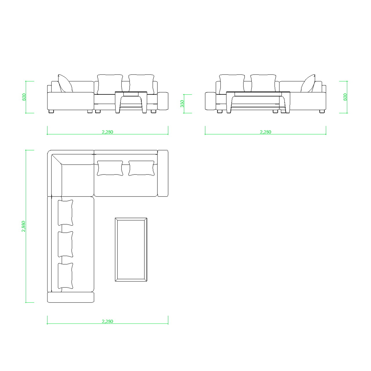 コーナーソファのセットとローテーブル（クッション有り）【DXF/autocad DWG】 2dicmb_0024