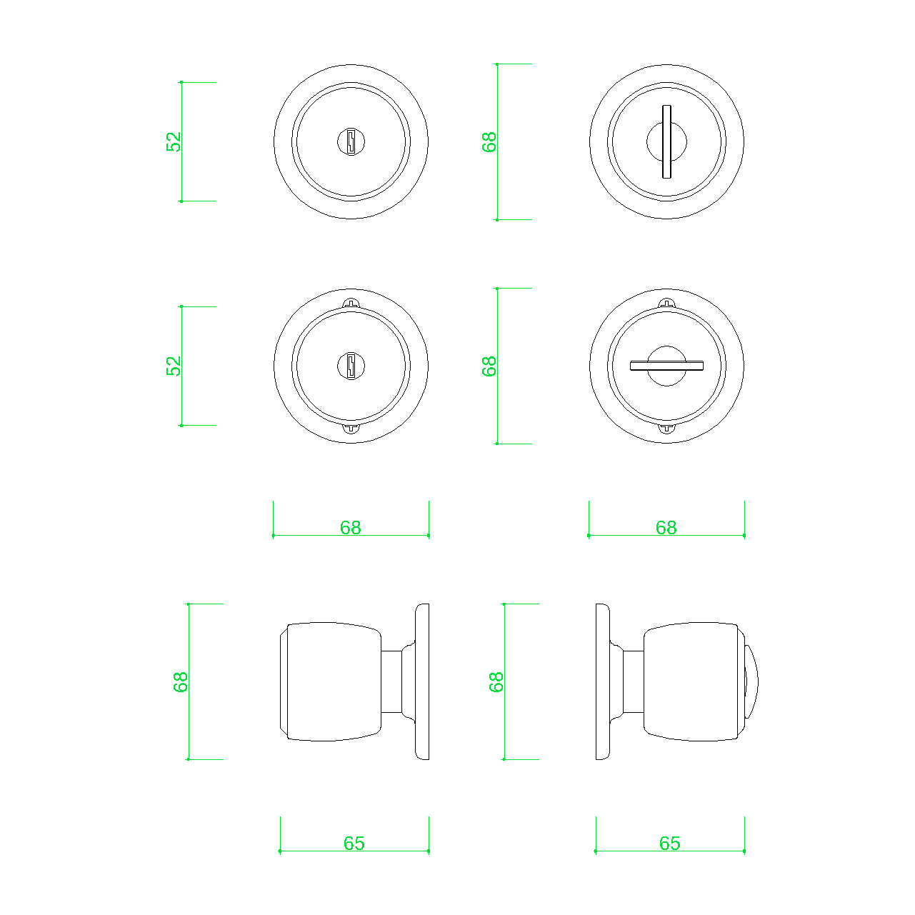 サムターンとキーシリンダーのある室内扉のドアノブ ビスあり Dxf Autocad Dwg 2db Kno 0001