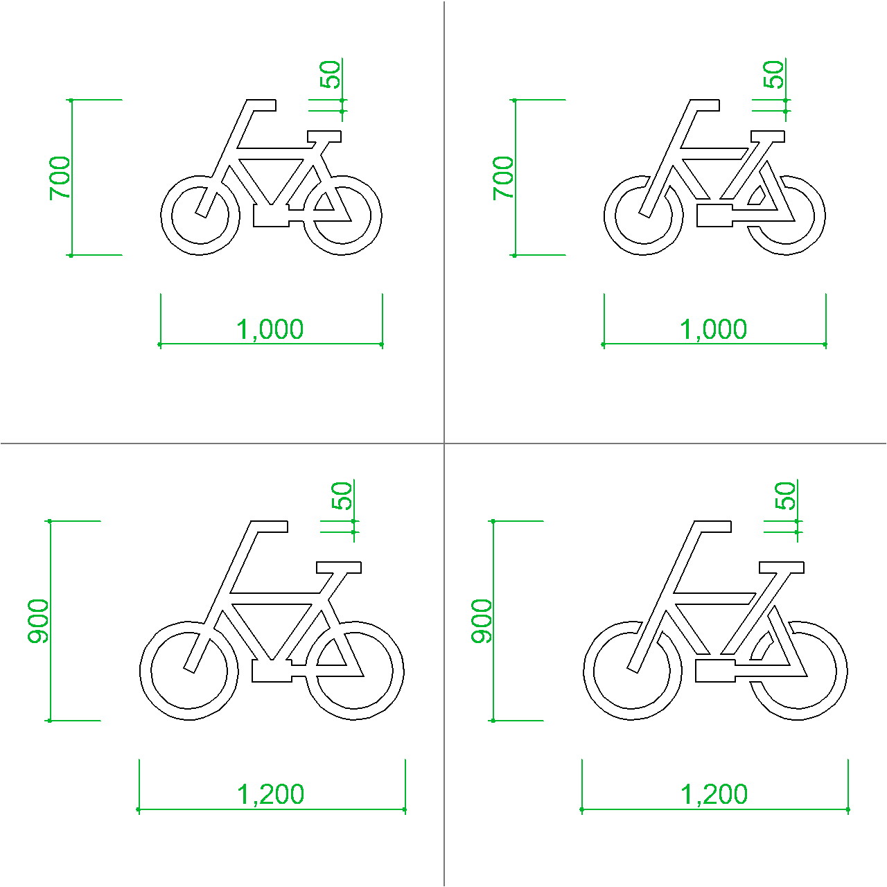 自転車置き場の白線マーク の2dCADデータ 参考図│じてんしゃ 駐輪場 白線 マーク ロゴ 焼付け ペイント W:1,000 mm D:700 mm W:1,200 mm D:900 mmライン幅：50 mm│外構 エクステリア ブロック 部品 製図 サンプル図 Sample│2d cad データ フリー ダウンロード 無料 商用可能 建築設計 図面 フリー素材 オートキャド 部品 AUTOCAD dwg dxf Free download│digital-architex.com デジタルアーキテクス